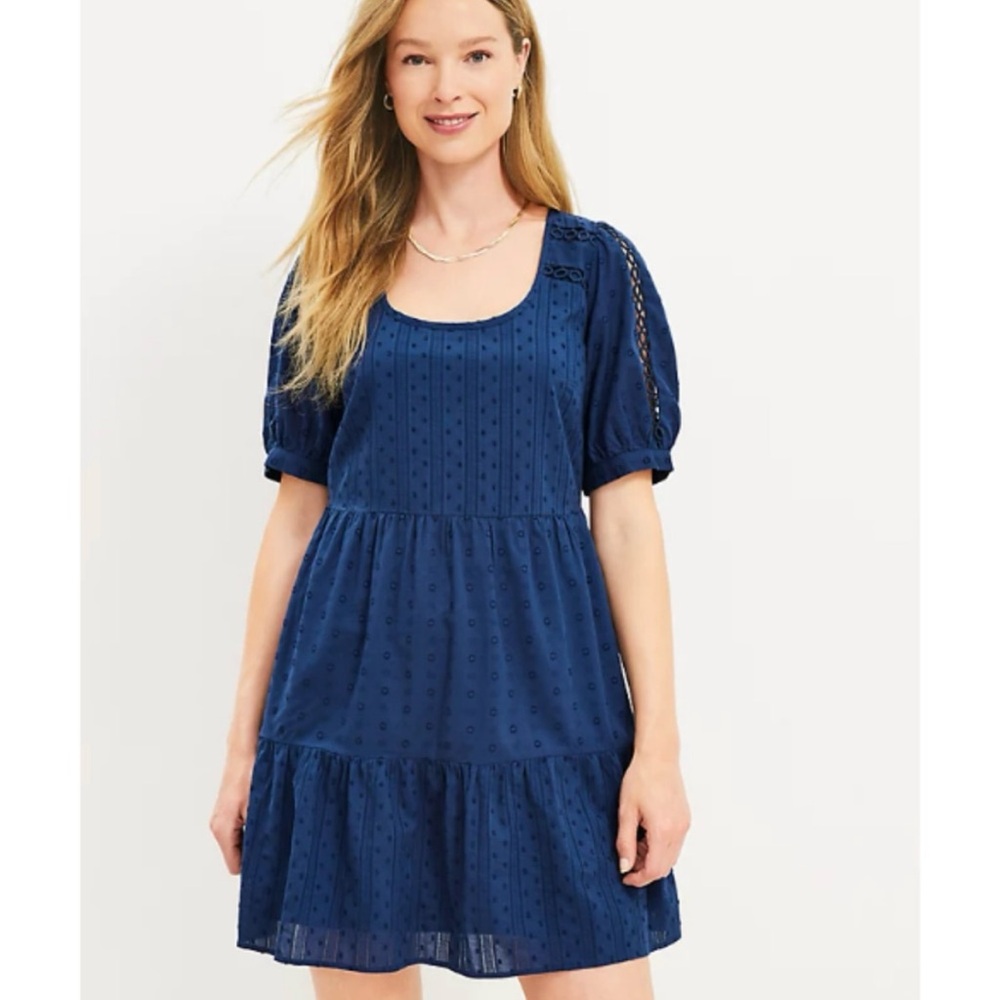 LOFT Dress Puff Sleeve Swiss Dot Teacher Coastal